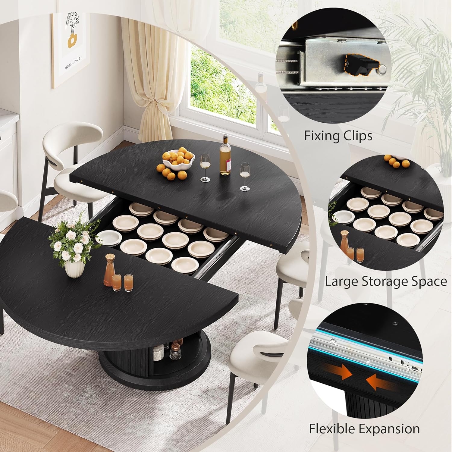 Jocoevol 47″–63″ Extendable Round Dining Table for 4–8 with Dust-Proof 2-Tier Storage Shelf Space-Saving Expandable Dining Room Table Wood Oval Circle Dining Table with Pedestal Base (Deep Black)