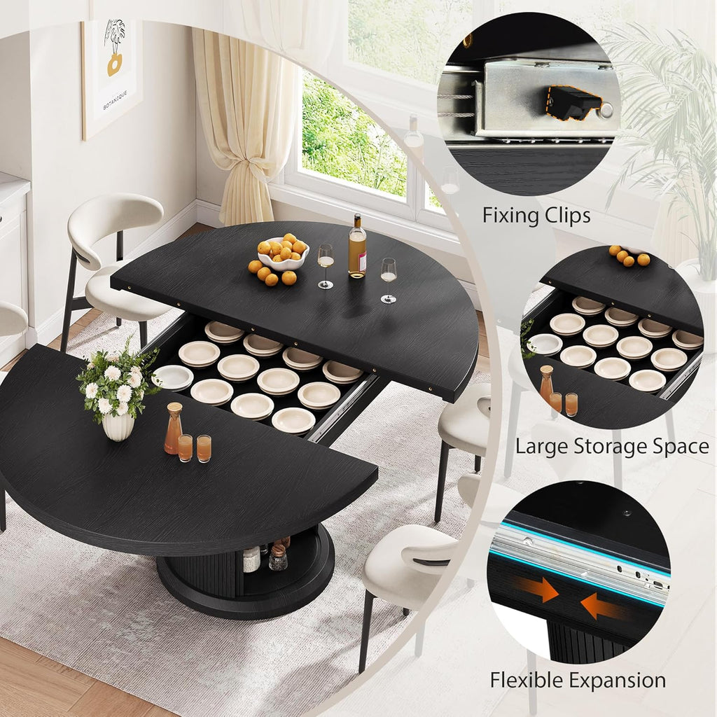 47"–63" Extendable Round Dining Table for 4-8, Expandable Kitchen Dining Table with Hidden 2-Tier Storage Shelf, Space-Saving Oval Dining Room Table with Pedestal Base, Black