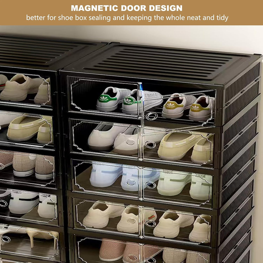 6 Tiers 12 Pairs Foldable Shoe Rack Storage Cabinet, Suitable for Closet Entryway, Collapsible Shoe Storage Organizer Cabinet with Magnetic Door，Easy Assembly (Black, 13.7x17.3x47.2)