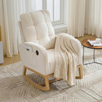 Modern Nursery Rocking Recliner with USB Charging, Upholstered Mid-Century Glider Chair with High Back, Side Pocket & Sturdy Wood Legs for Nursing Room, Bedroom, Living Room, Linen Beige