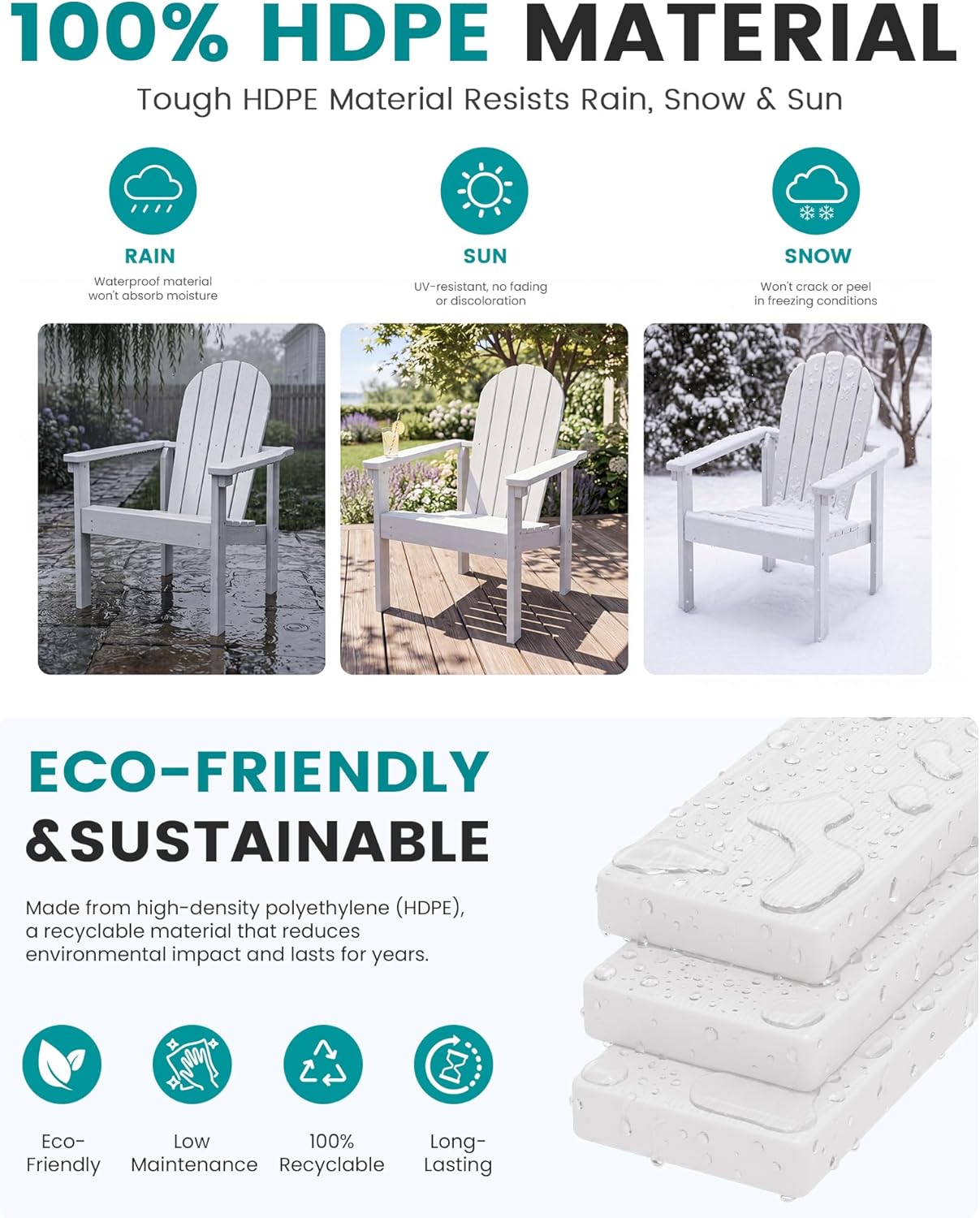 SERWALL Stackable Modern Adirondack Chairs Set of 2, HDPE Outdoor Patio Chairs with Space-Saving Design, All-Weather Fire Pit Chairs with Widened Seat for Deck, Backyard, Garden, Lawn (White)