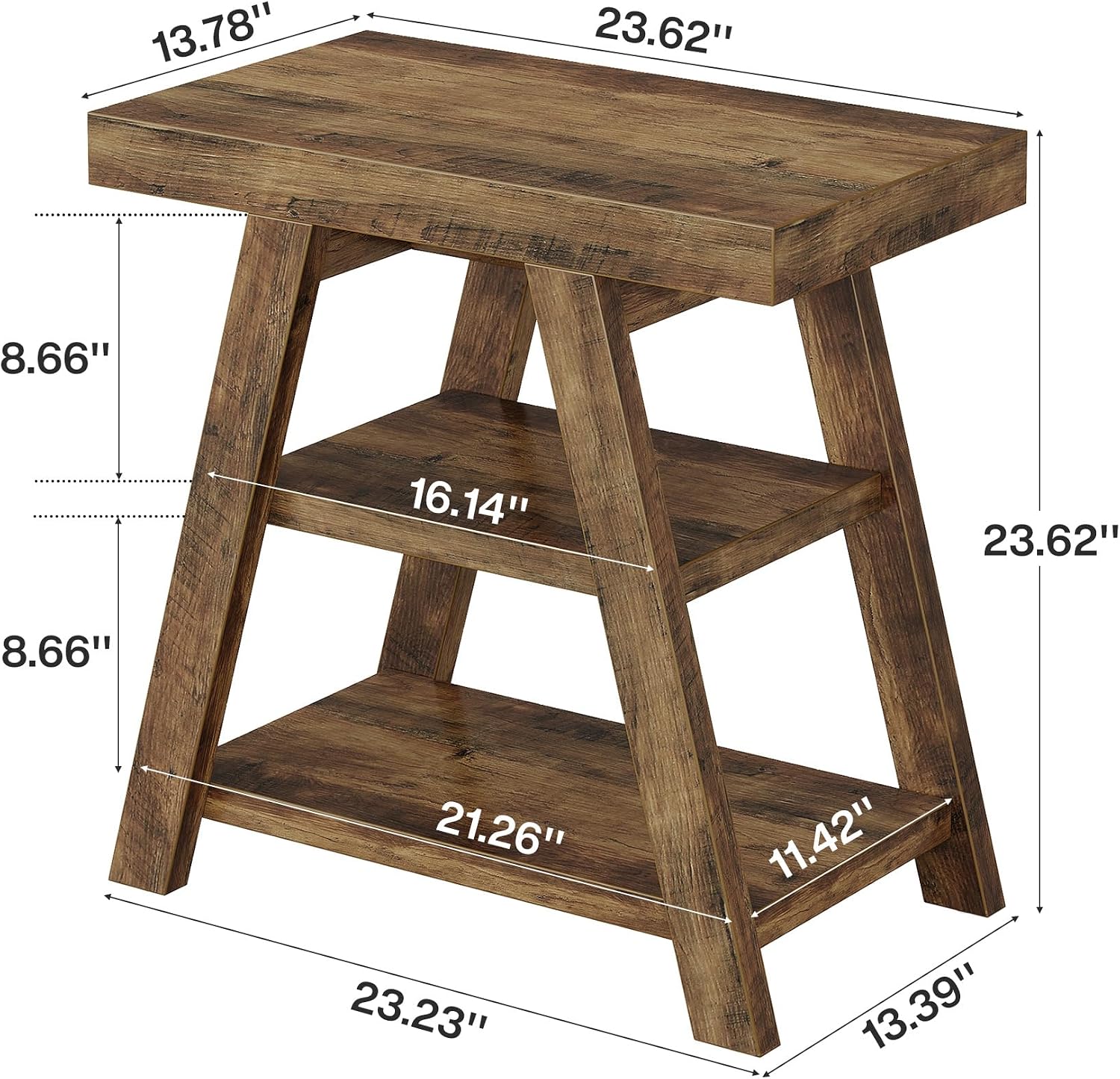 Tribesigns Farmhouse End Table, 3-Tier Wooden Sofa Side Table with Trapezoid Legs, Rustic Side Table for Couch, Vintage Bedside Nightstand for Bedroom, Living Room, Small Spaces, Rustic Brown