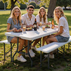 6FT Folding Table Set with 2 Folding Benches, Locking Safety Design, Heavy Duty HDPE Materials, 3-Piece Portable Folding Furniture for Camping, Picnic, Party, Indoor & Outdoor,White