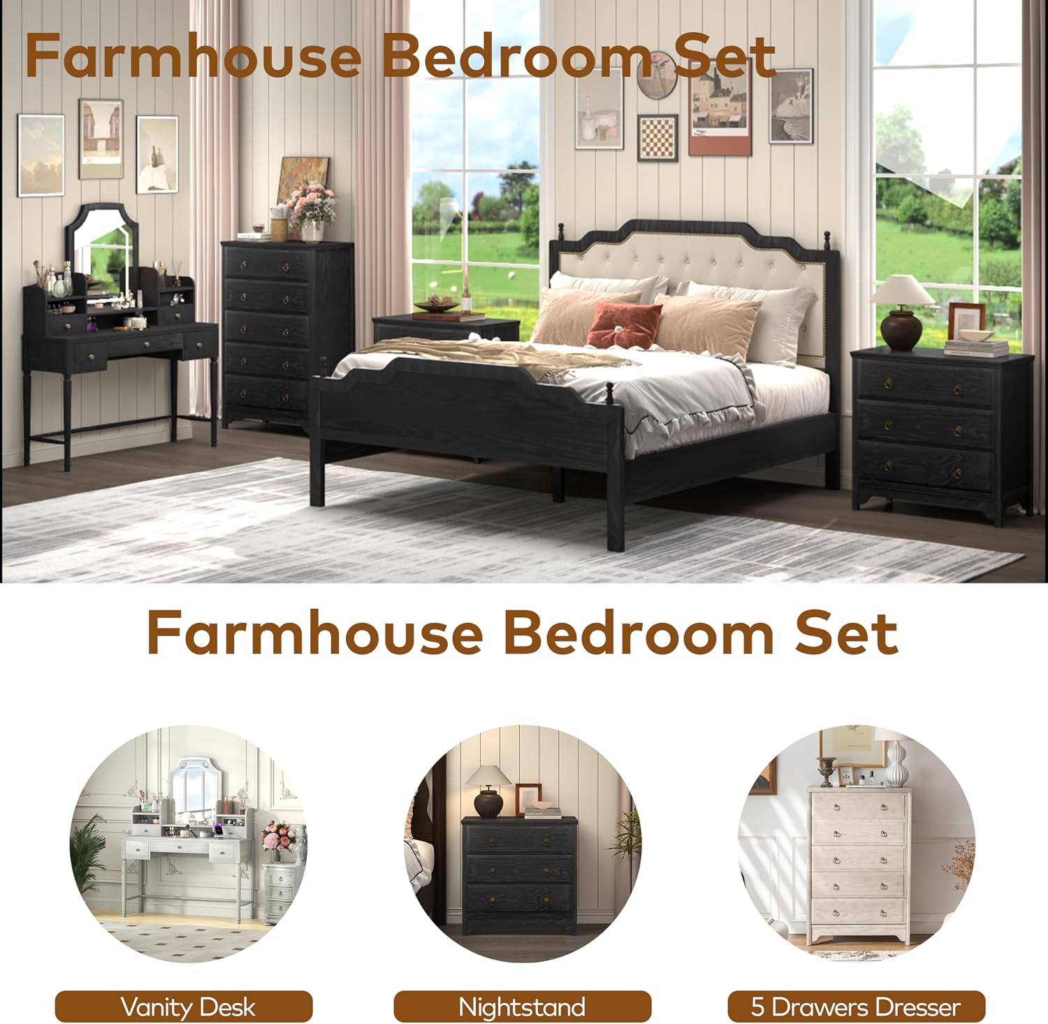 Chogori Farmhouse Solid Wood Nightstand, Rustic End Table with 3 Drawers & Vintage Ring Pulls, Sturdy Accent Side Table for Bedroom, Living Room, Hallway (Black-3 Drawers)