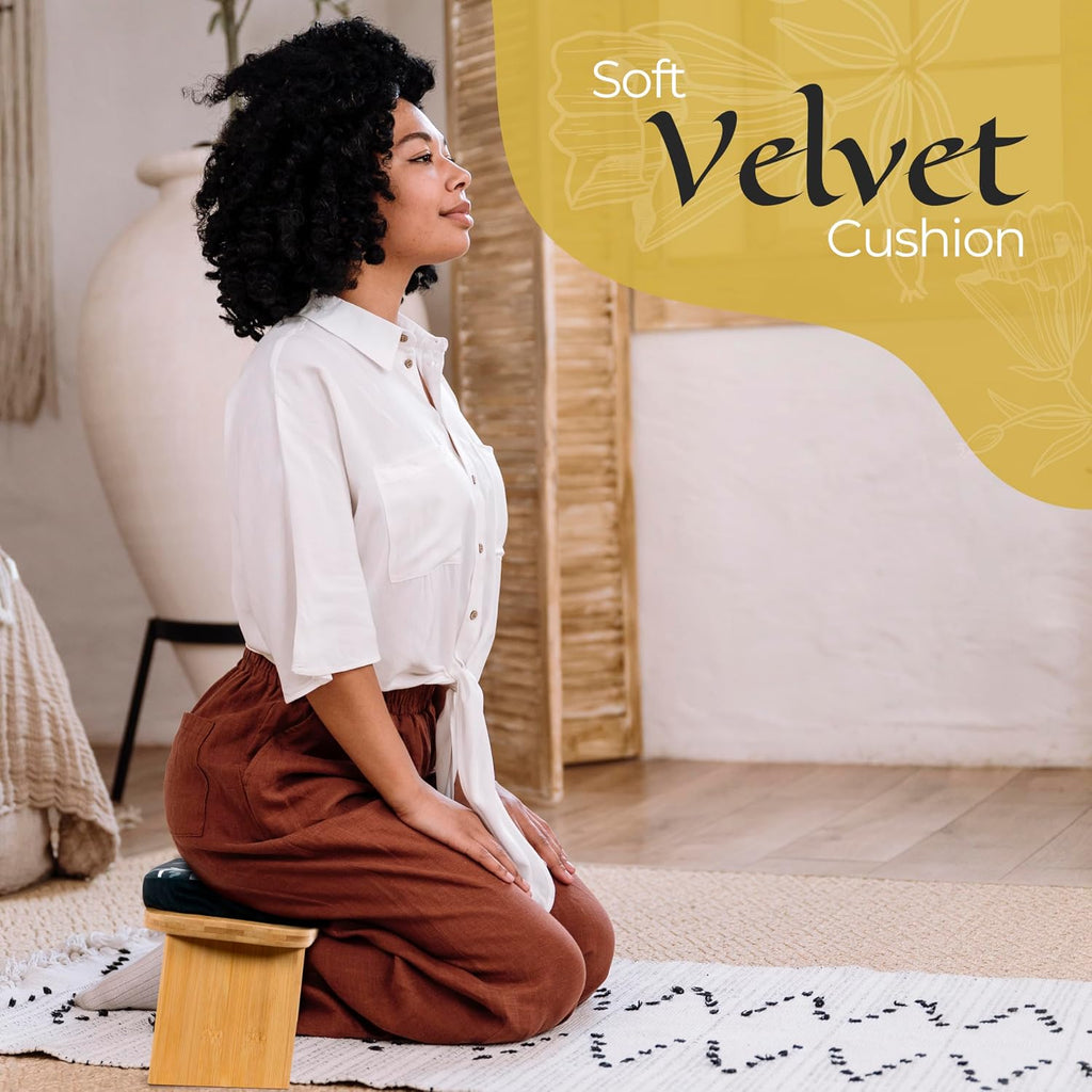Zaveur Bamboo Meditation Bench with Cushion - Foldable Bench for Multiple Seating Angles - Kneeling Chair Meditation Stool - Yoga Chair Prayer Bench for Deeper and Longer Meditation - Black