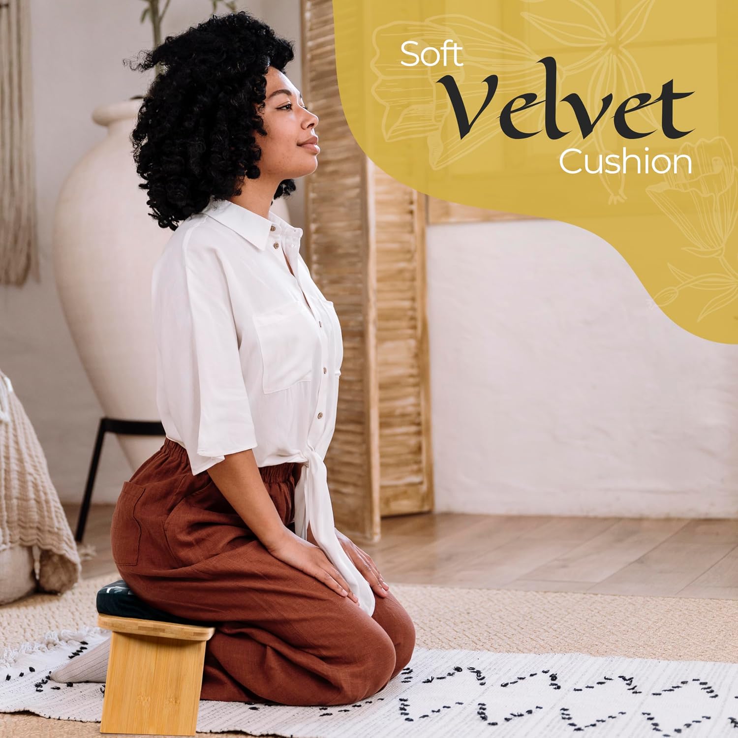 Zaveur Bamboo Meditation Bench with Cushion - Foldable Bench for Multiple Seating Angles - Kneeling Chair Meditation Stool - Yoga Chair Prayer Bench for Deeper and Longer Meditation - Black