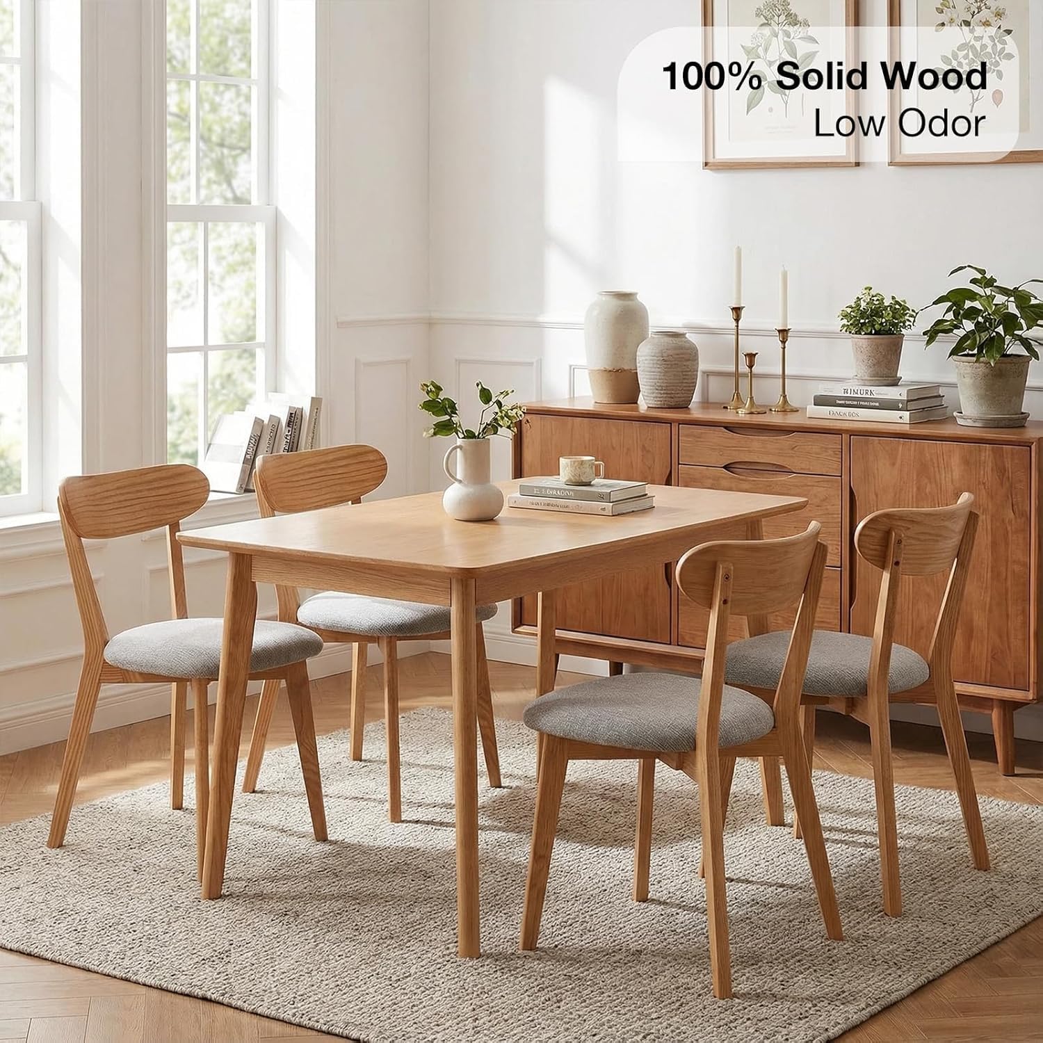 100% Solid Wood Dining Room Chairs - Practical Kitchen Chairs - Wood Chair for Dining Room, Kitchen (1, Natural Wood Grey Cushion)