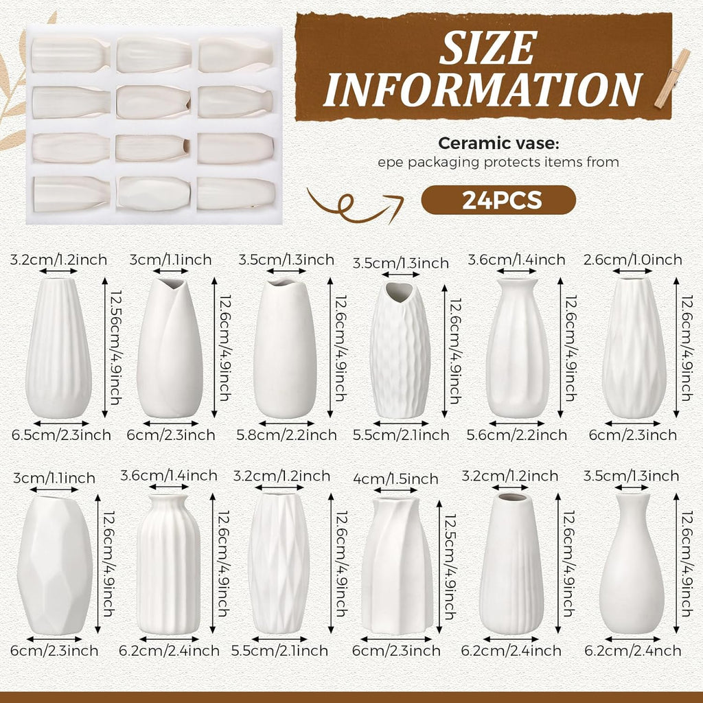 Yaomiao Set of 24 5'' White Ceramic Bud Vase Bulk Boho Rustic Small Flower Vase for Wedding Centerpieces Home Dining Table Decoration DIY Gift, 12 Styles