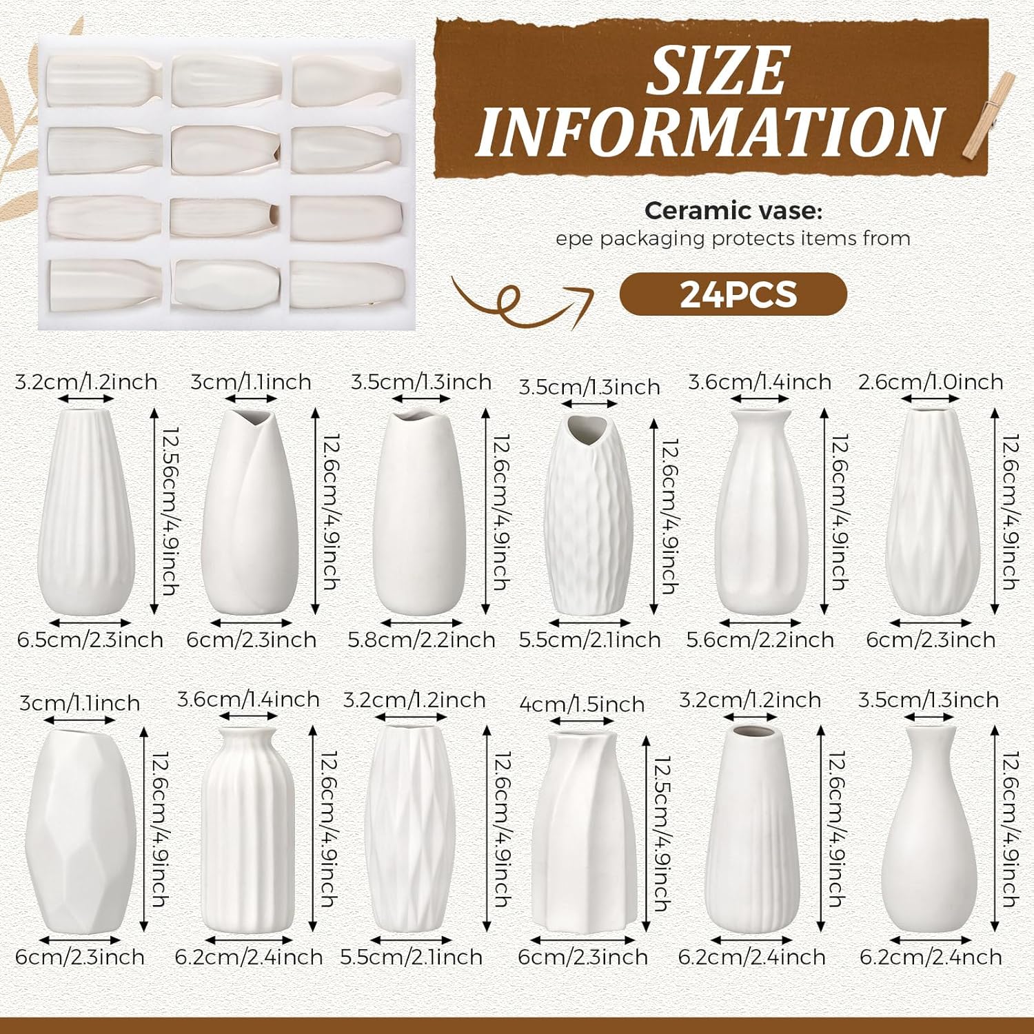 Yaomiao Set of 24 5'' White Ceramic Bud Vase Bulk Boho Rustic Small Flower Vase for Wedding Centerpieces Home Dining Table Decoration DIY Gift, 12 Styles
