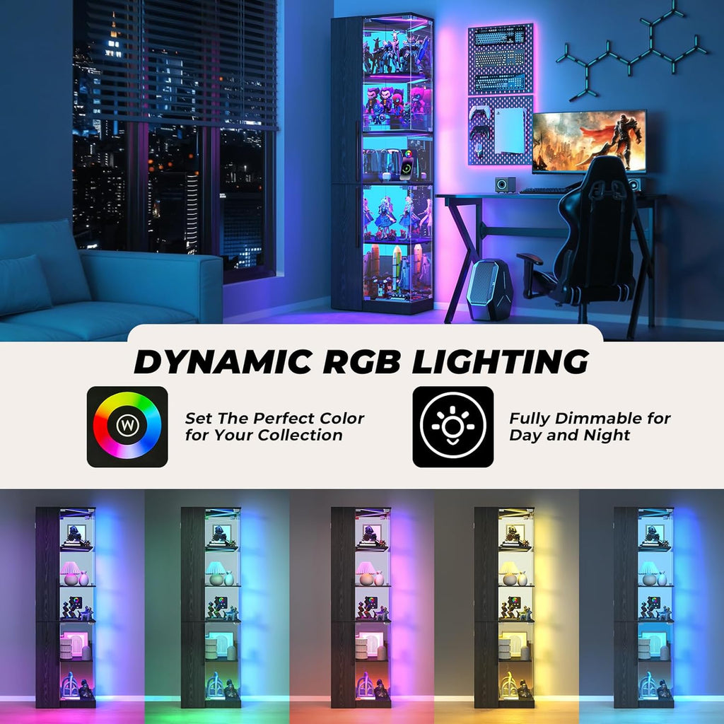 VersionTECH. Glass Display Cabinet with RGB Lights, 5-Tier Curio Cabinets with Glass Doors for Collectibles, Display Case with Adjustable Shelves, Human Sensor, Charging Station, Mirror Backing, Black