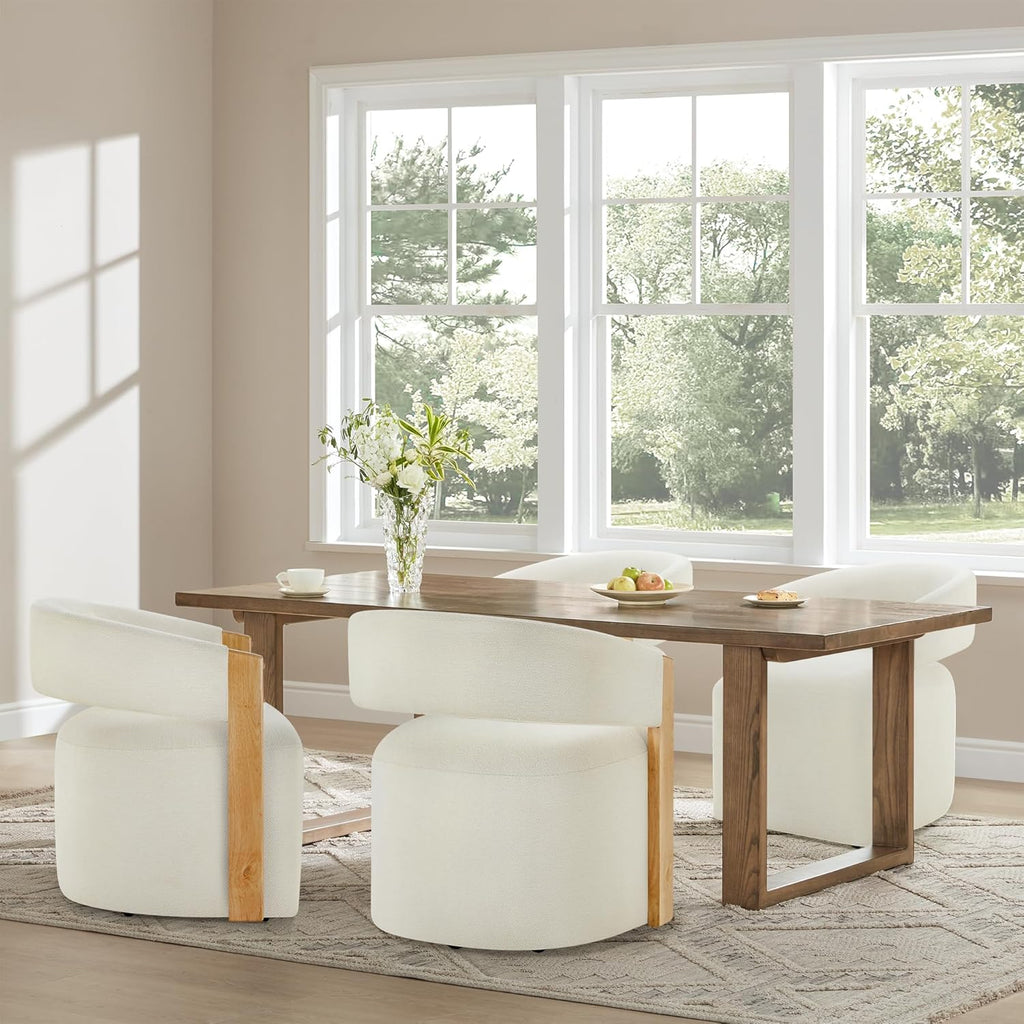 KISLOT Upholstered Dining Chairs Set of 4, Barrel Modern Dining Room Chairs with Casters, Kitchen Side Wooden Armchair with Fabric Cushion Seat for Bedroom, Livingroom, Reading Room, Beige, 4 Boxs