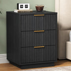 RoyalCraft Black Fluted Nightstand, Modern Bedside Table with 3 Large Storage Drawers, Wood End Table with Metal Handle for Bedroom