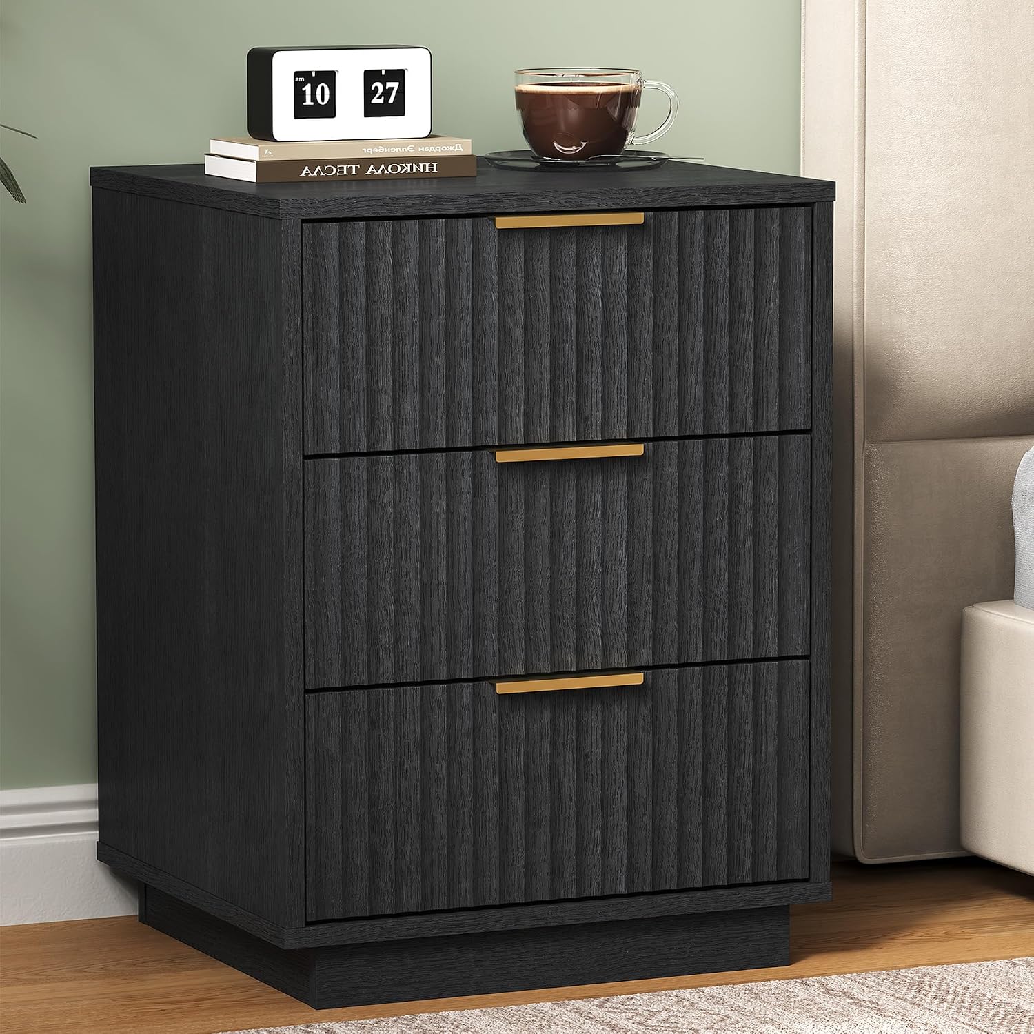 RoyalCraft Black Fluted Nightstand, Modern Bedside Table with 3 Large Storage Drawers, Wood End Table with Metal Handle for Bedroom