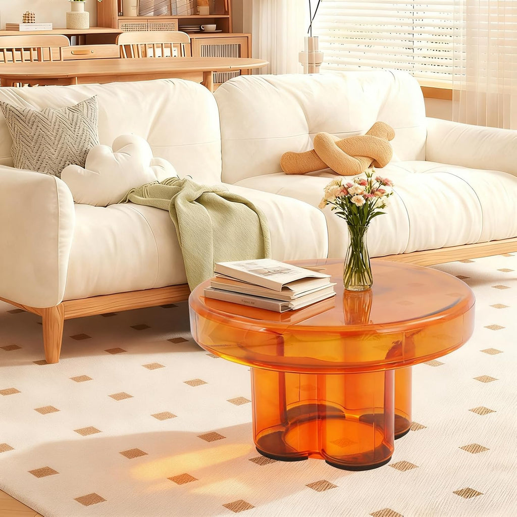 Coffee Table, Round Glass Side Table with Unique Petal Design Pedestal, Simple Center Tables, Modern End Tables with Tempered Glass-Base and Top for Small Spaces