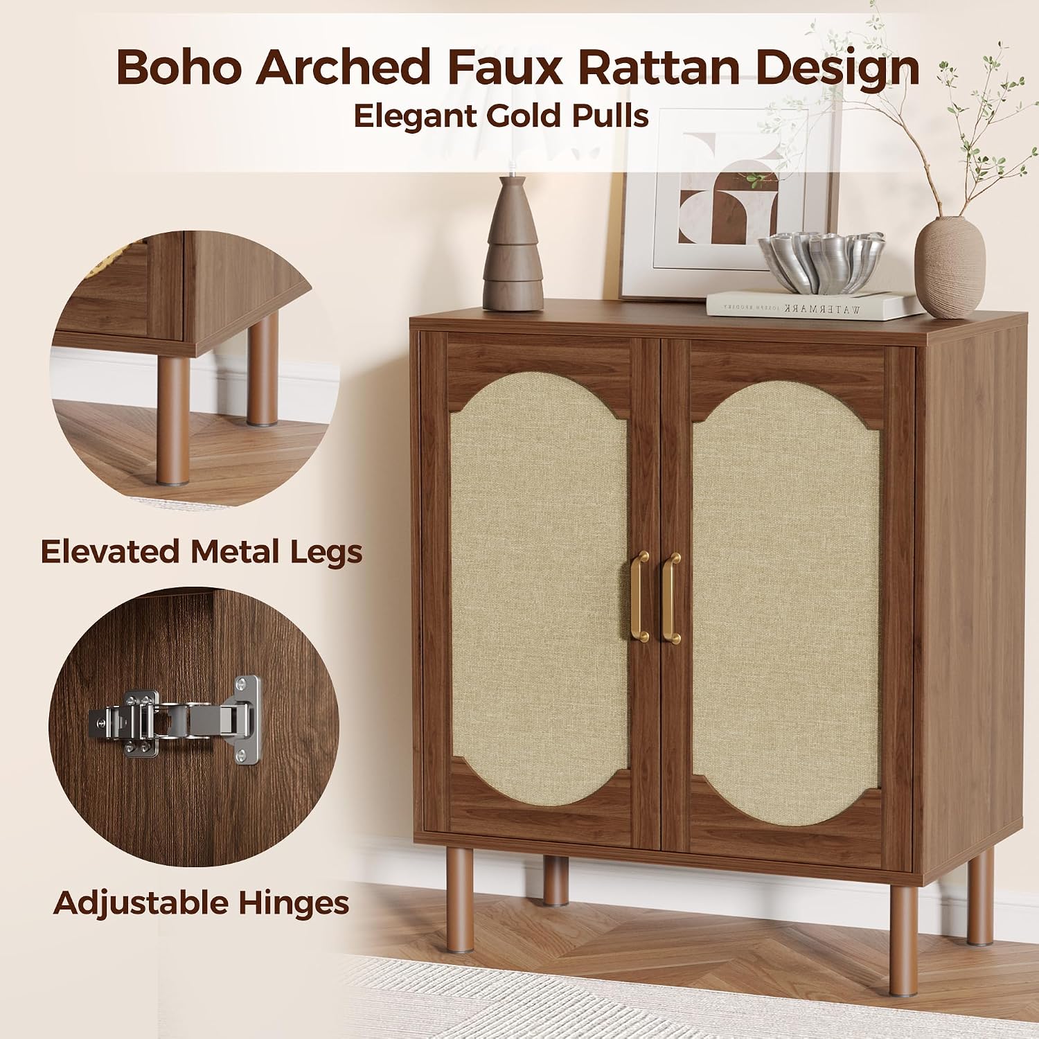 Boho Sideboard Buffet Cabinet, Modern Credenza with 2 Doors and Adjustable Shelf, Small Coffee Bar Storage for Kitchen, Entryway