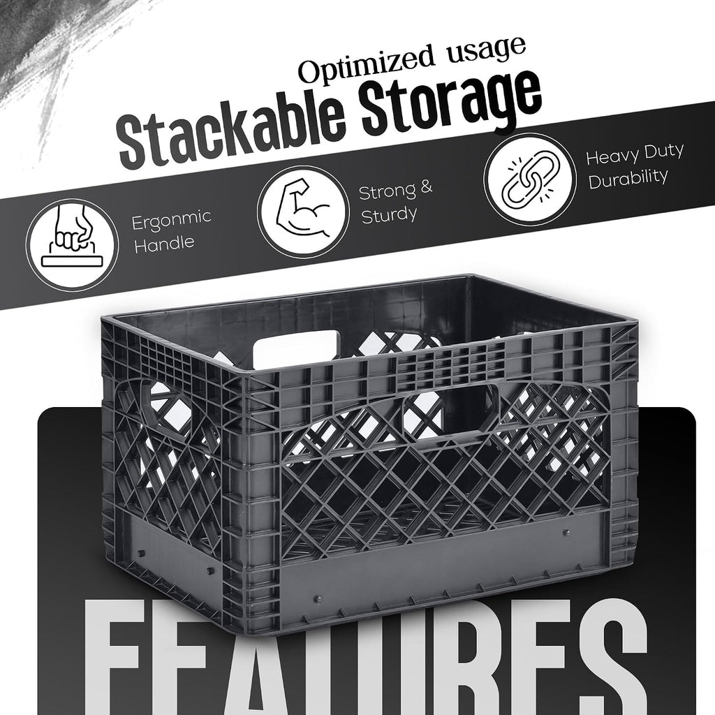 Juggernaut Storage 3-Pack 24-Quart Heavy-Duty Plastic Stackable Milk Crates with Handles, Black – Open Bin Basket Organizers for Home, Office, Dorm, and Car Organization