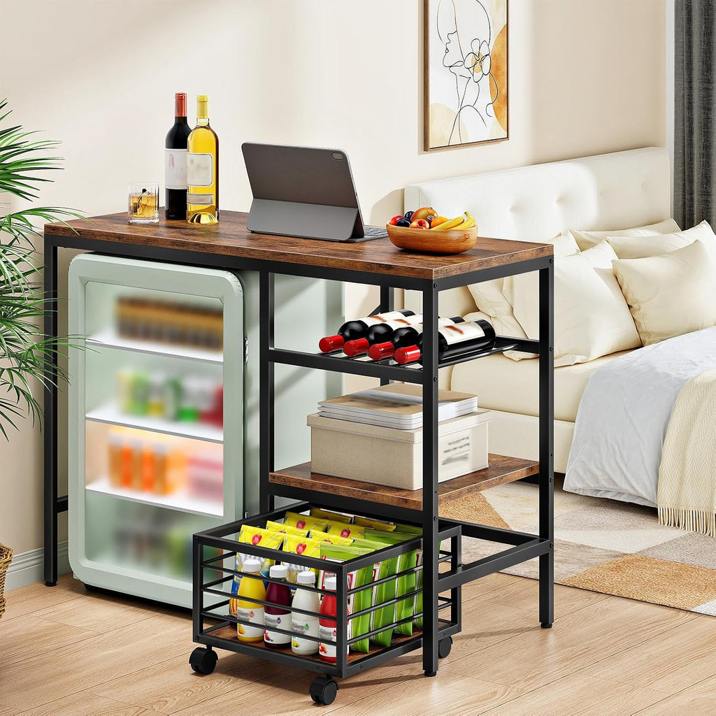 HOOBRO Mini Fridge Stand, Coffee Bar Station with Mini Fridge Space, Bakers Rack with Wine Rack, Mini Fridge Cabinet with Mobile Basket, for Kitchen, Living Room, Rustic Brown and Black BF04BX01