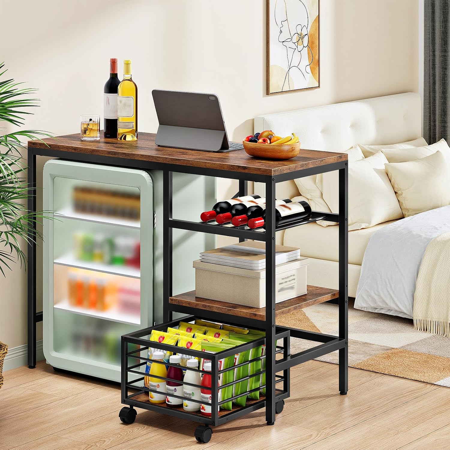 HOOBRO Mini Fridge Stand, Coffee Bar Station with Mini Fridge Space, Bakers Rack with Wine Rack, Mini Fridge Cabinet with Mobile Basket, for Kitchen, Living Room, Rustic Brown and Black BF04BX01