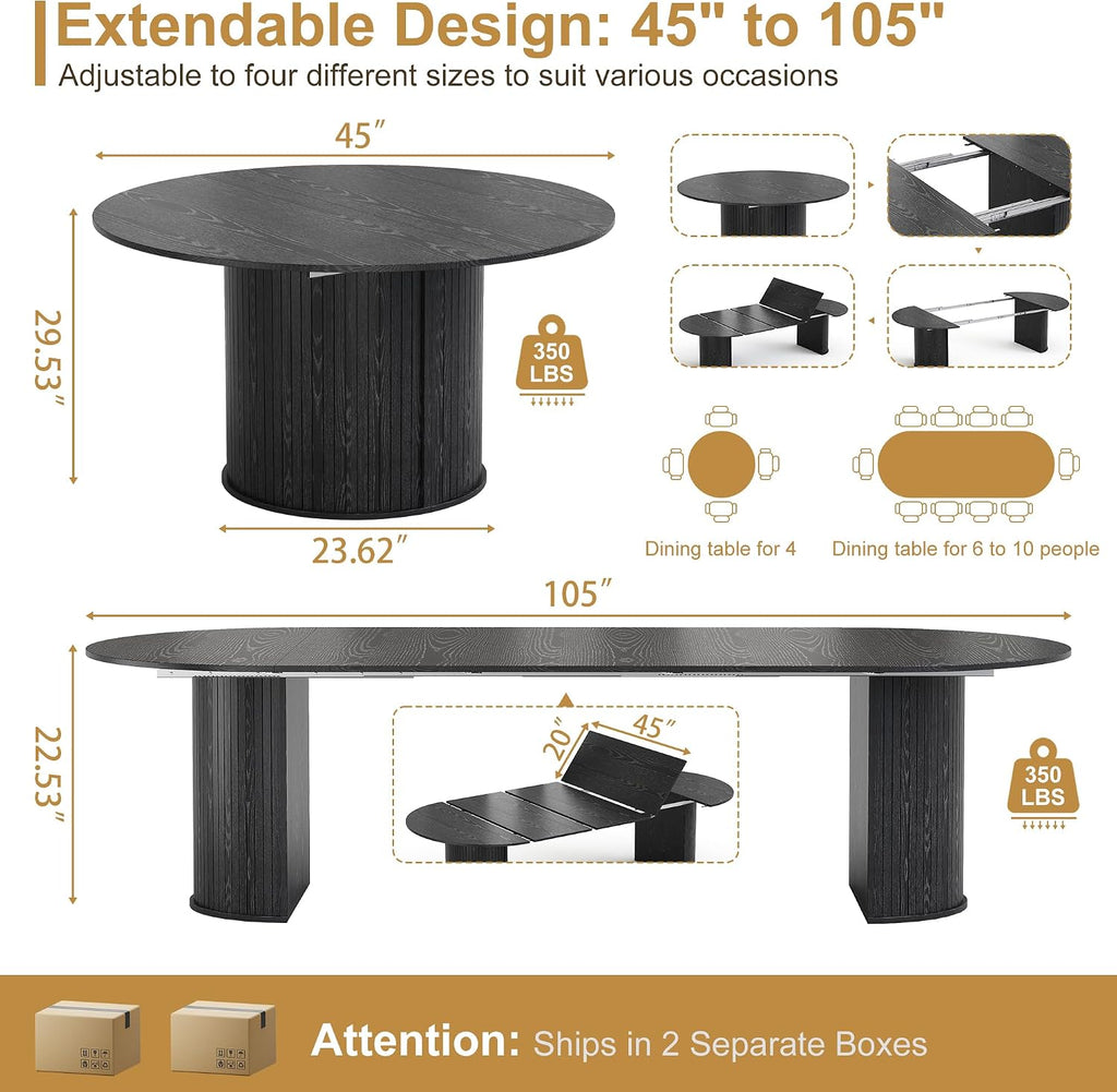 AF ARTISAN FURNITURE 105" Oval Extendable Dining Table for 4-10, MDF Tabletop with Fluted Column Base, Mid-Century Modern Kitchen Table for Dining Room or Office, Extends 45"-105", Black