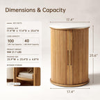 Round Fluted End Table with Storage, Natural Wood Side Table with White Sintered Stone Top, Sliding Tambour Door Nightstand, 17.4 Inch Small Accent Stand for Living Room Bedroom