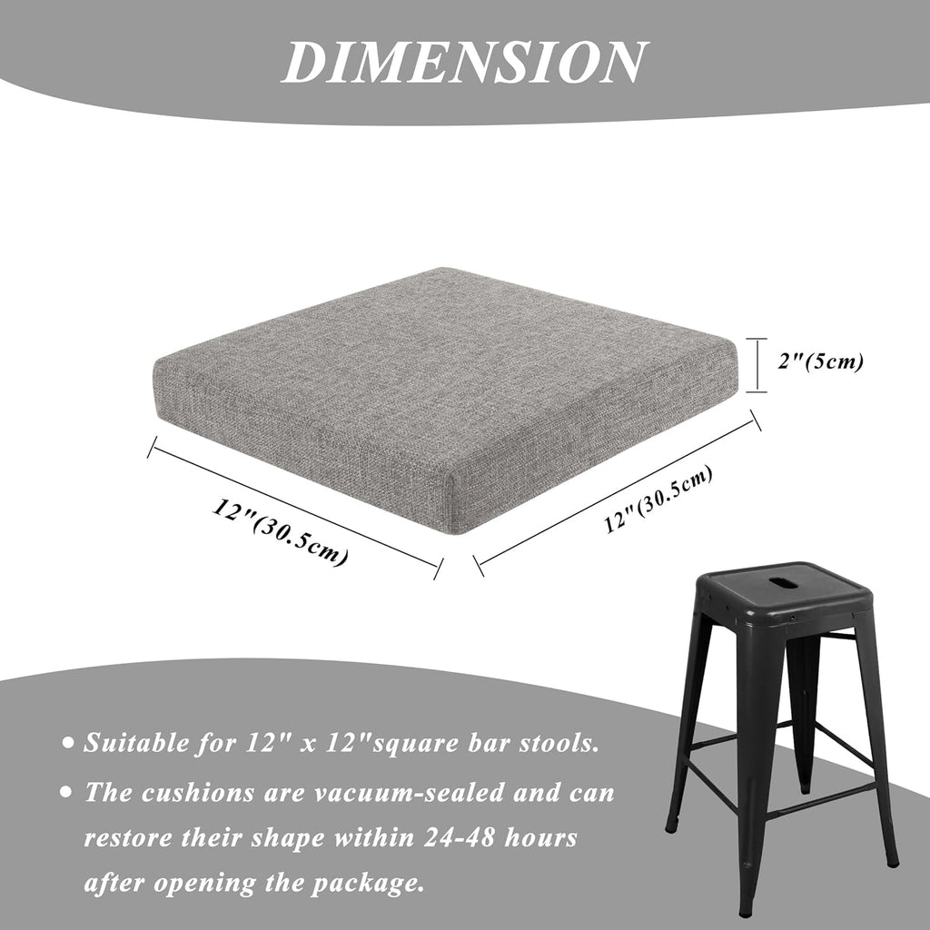 Square Bar Stool Cushions Set of 2 Non-Slip Chair Pads with Ties 2" Thick Chair Cushions with Machine Washable Cover 12" X 12" (Light Grey)