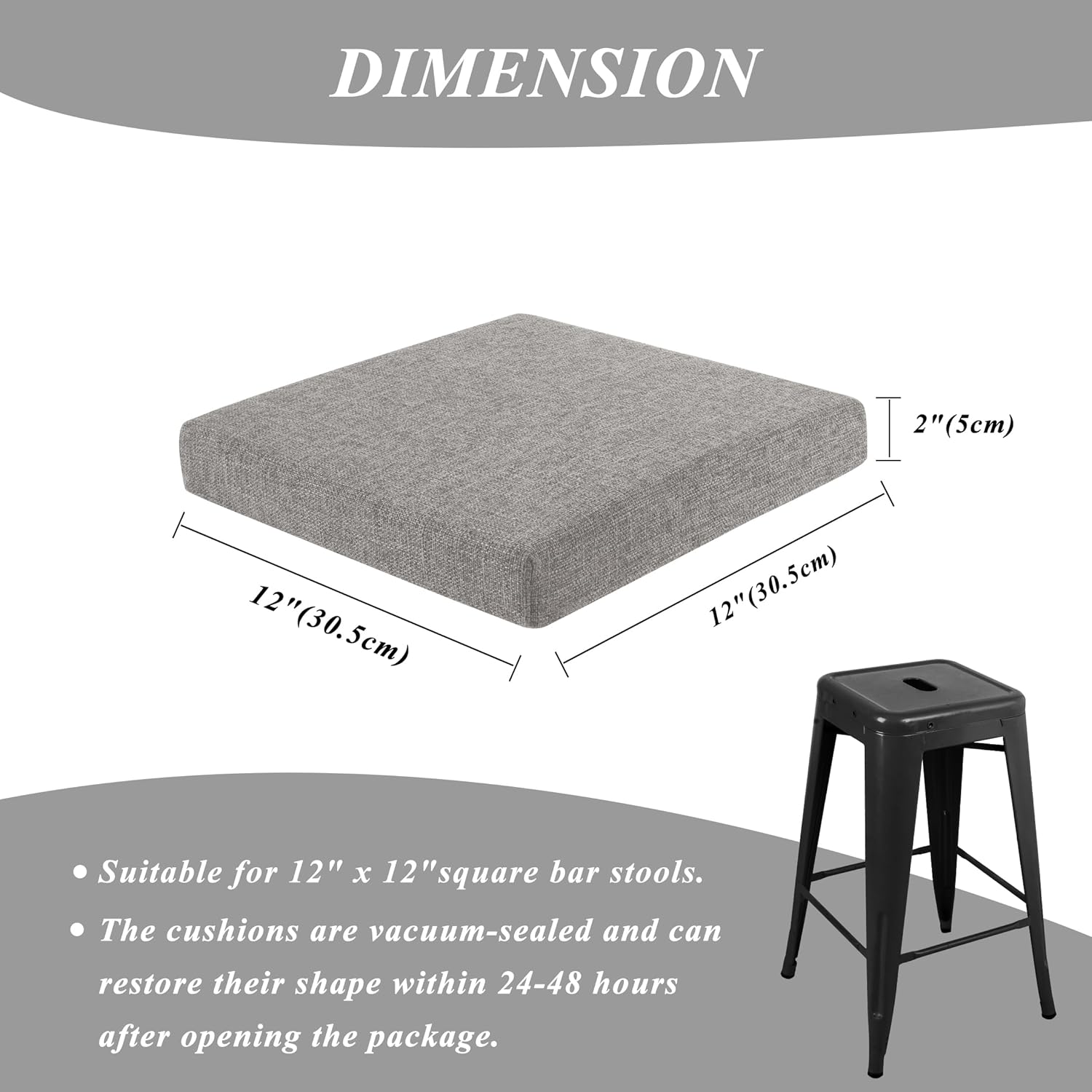 Square Bar Stool Cushions Set of 2 Non-Slip Chair Pads with Ties 2" Thick Chair Cushions with Machine Washable Cover 12" X 12" (Light Grey)