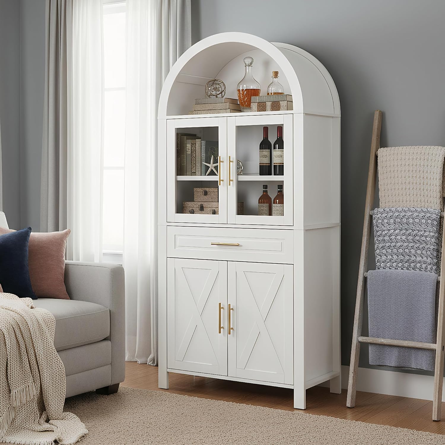 Mirightone 71" Tall Arched Kitchen Pantry, Farmhouse Storage Cabinet, Display Storage with Door Rack, Adjustable Shelves, Versatile Cupboard for Kitchen, Living Room, Dining Room, White