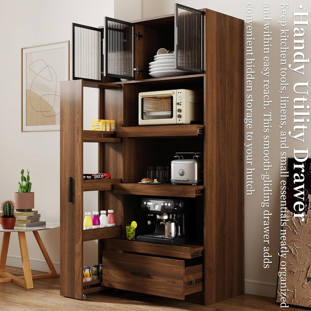 Tall Kitchen Hutch Cabinet with Pull-out Shelves & Drawer Freestanding Pantry Cabinet Large with Cable Management Glass Door Cupboard for Kitchen, Dining Room with Microwave Countertop Walnut Finish