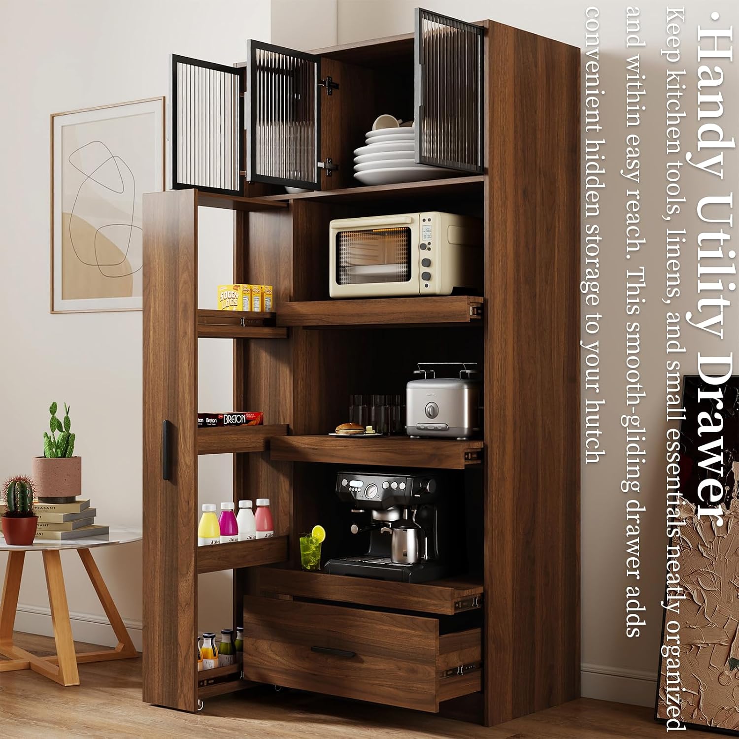 Tall Kitchen Hutch Cabinet with Pull-out Shelves & Drawer Freestanding Pantry Cabinet Large with Cable Management Glass Door Cupboard for Kitchen, Dining Room with Microwave Countertop Walnut Finish