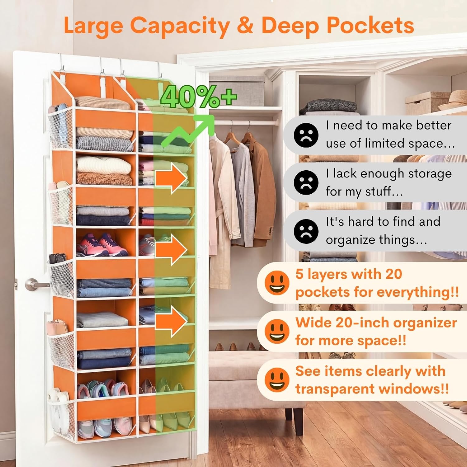 Over The Door Organizer 5 Tiers, Extra Large Behind Door Storage of 10 Compartments, 80 lbs Weight Capacity Hanging Storage Organizer with Clear Window Kids Toys,Shoes,Diapers,Room Storage,Orange