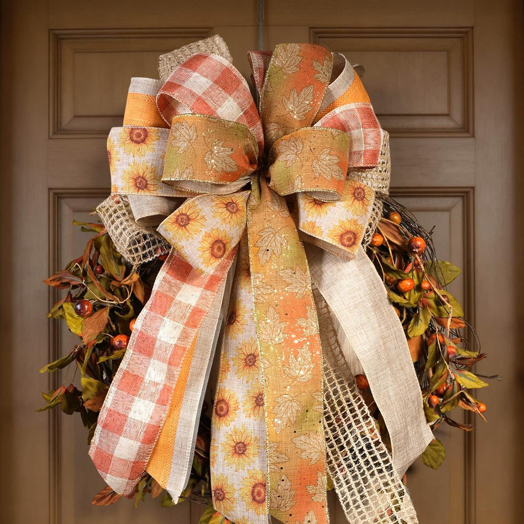 LaRibbons Fall Ribbon Wired 2.5" x 6 Yards Each Roll, Sunflower, Harvest Leaves, Plaid & Deco Mesh Faux Linen Ribbon for Wreaths, Farmhouse Decor, Autumn Crafts