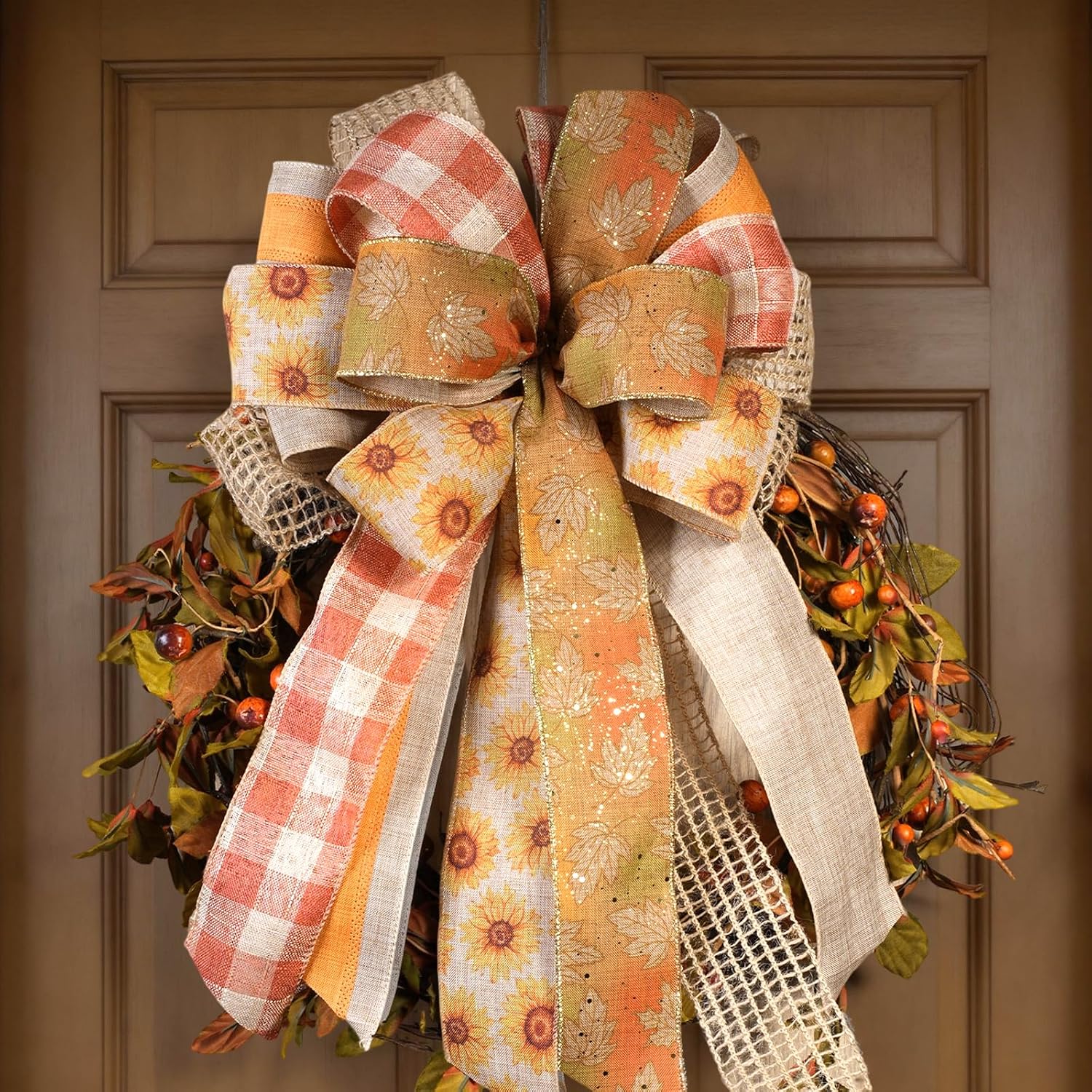 LaRibbons Fall Ribbon Wired 2.5" x 6 Yards Each Roll, Sunflower, Harvest Leaves, Plaid & Deco Mesh Faux Linen Ribbon for Wreaths, Farmhouse Decor, Autumn Crafts