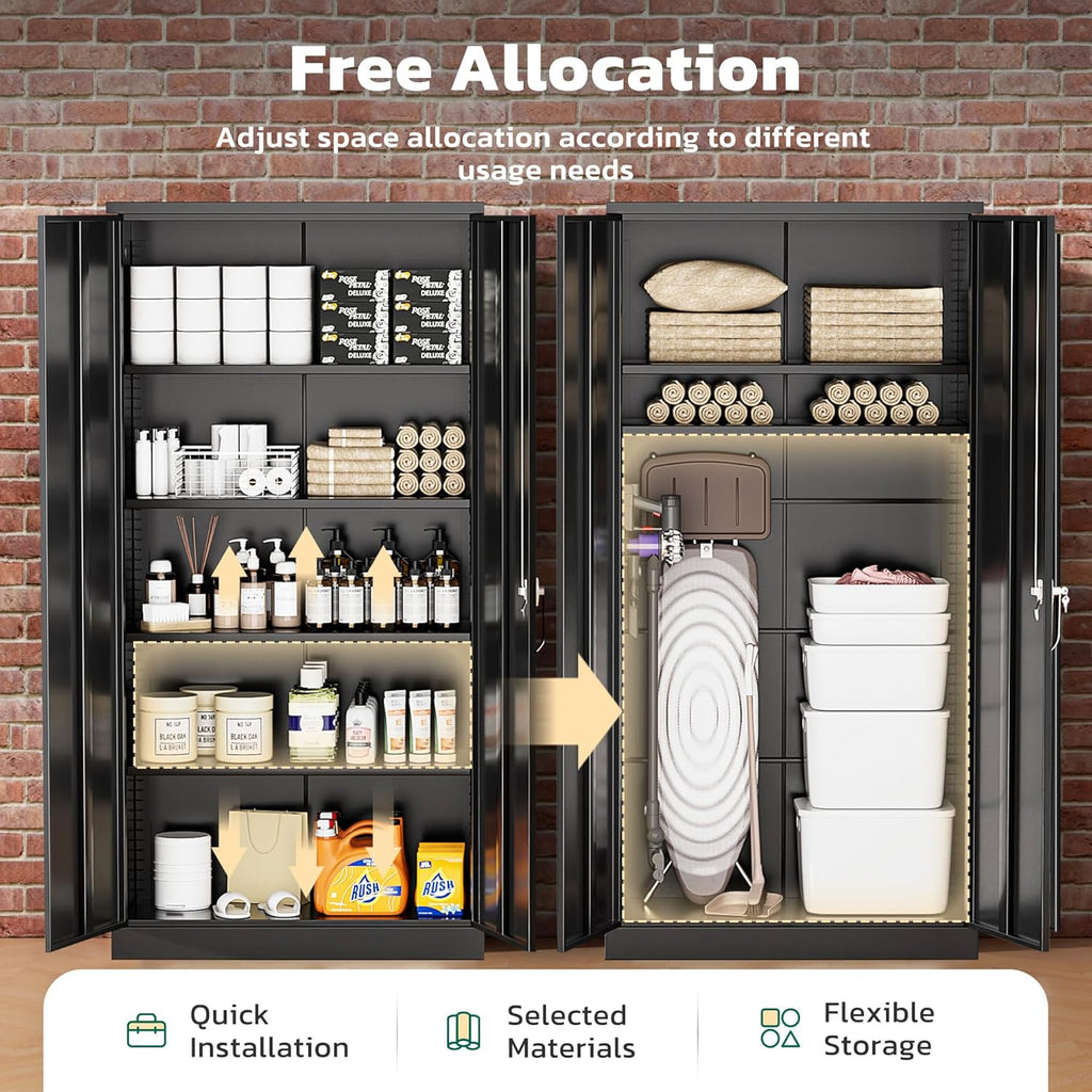 Greenvelly 72" H Metal Storage Cabinet, 36" W x 18" D Black Metal Cabinet with 2 Doors and 4 Adjustable Shelves,Locking Cabinets for Office, Home, Garage, School