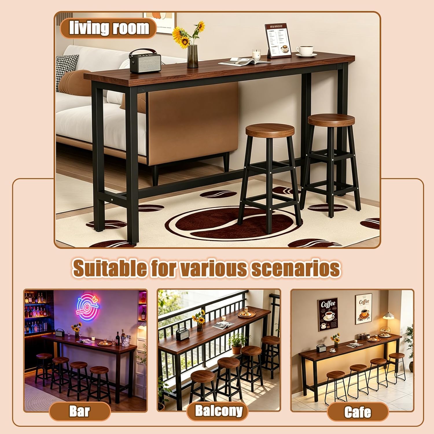 ZMHPLKH Narrow Bar Table for Small Spaces Industrial Rectangular Counter Height Table Retro Brown Wood Panel & Black Metal Frame Breakfast Bar Table for Apartments, Kitchen, Entryway