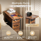 Huuger Narrow End Table with Charging Station, Flip Top Side Table with 2 Fabric Drawers, Slim Night Stand with USB-C Port for Small Spaces, Nightstand Bedside Couch Table, Living Room, Rustic Brown