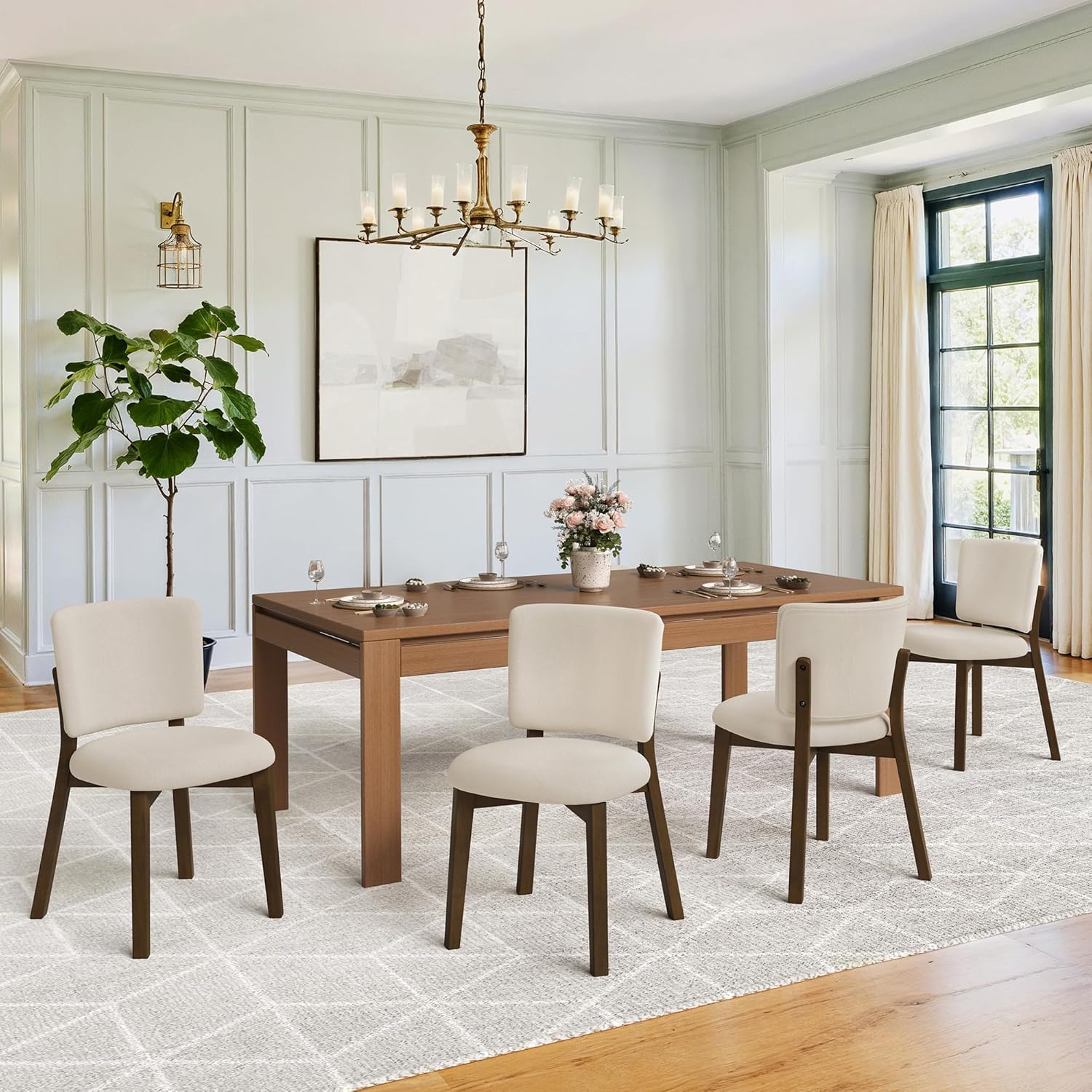 LUE BONA Wooden Dining Chairs Set of 4, Comfortable Wide Back Kitchen Side Chairs, Strong Thick Legs for Modern Farmhouse Dining Room, Linen Upholstered and Dark Brown Legs
