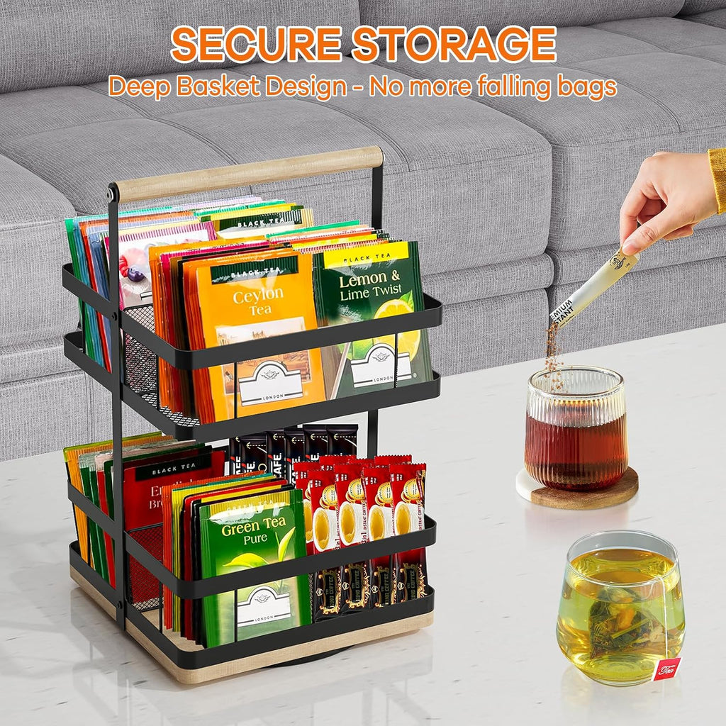Tea Bag Organizer, 2-Tier 360° Rotating Tea Bag Holder Organizer, 8-Baskets Tea Holder Accessories Holds 120+ Tea Bags, Gift for Decor Kitchen, Cabinet, Bar Countertop Storage