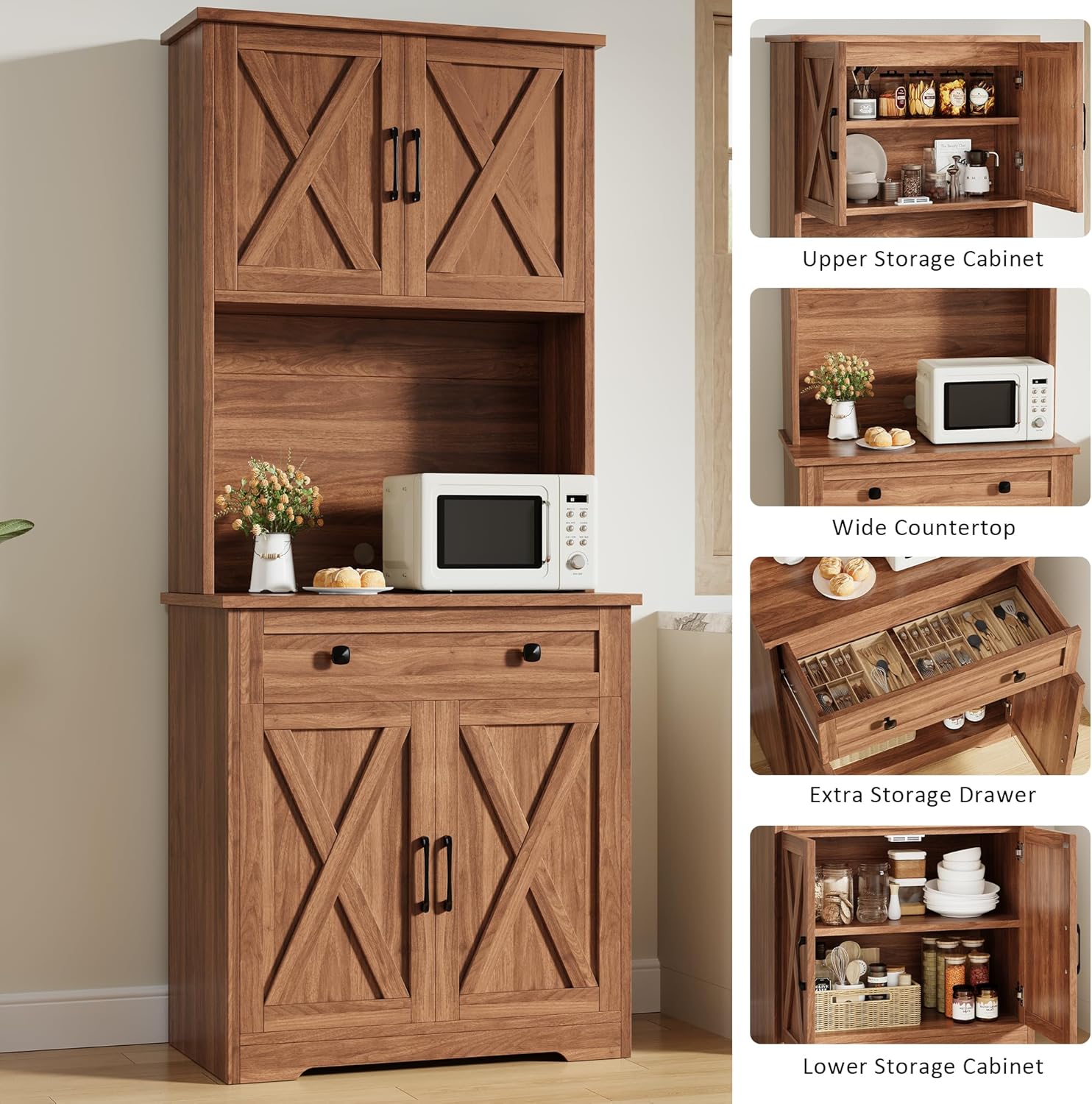 Garvee 71" Pantry Cabinet with Charging Station, Tall Kitchen Pantry Storage Cabinet with Microwave Stand, Large Farmhouse Kitchen Hutch with Cabinet Doors & Drawer for Living Room, Dining Room