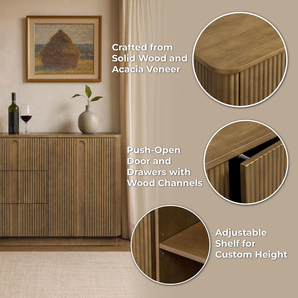 Teamson Home 42'' W Scandinavian Style Sideboard with 3 Drawer 1 Door and Adjustable Shelf, Solid Wood Frame, Push to Open and Acacia Veneer Living Room Storage Furniture in Greige