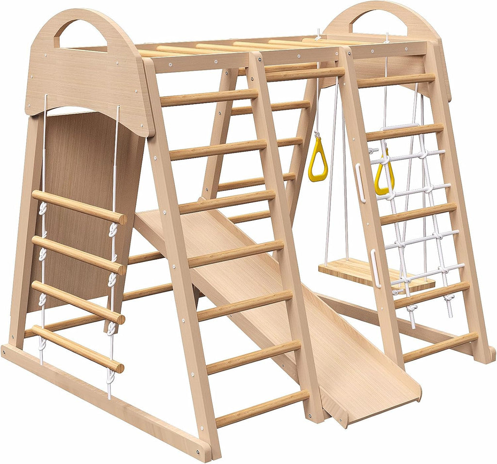 Indoor Playground 7 in 1 Jungle Gym Playset for 2 6yrs Slide, Climbing Wall, Rope Wall Climber, Monkey Bars, Swing Waldorf and Montessori Style Wooden Climb Set.