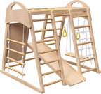Indoor Playground 7 in 1 Jungle Gym Playset for 2 6yrs Slide, Climbing Wall, Rope Wall Climber, Monkey Bars, Swing Waldorf and Montessori Style Wooden Climb Set.