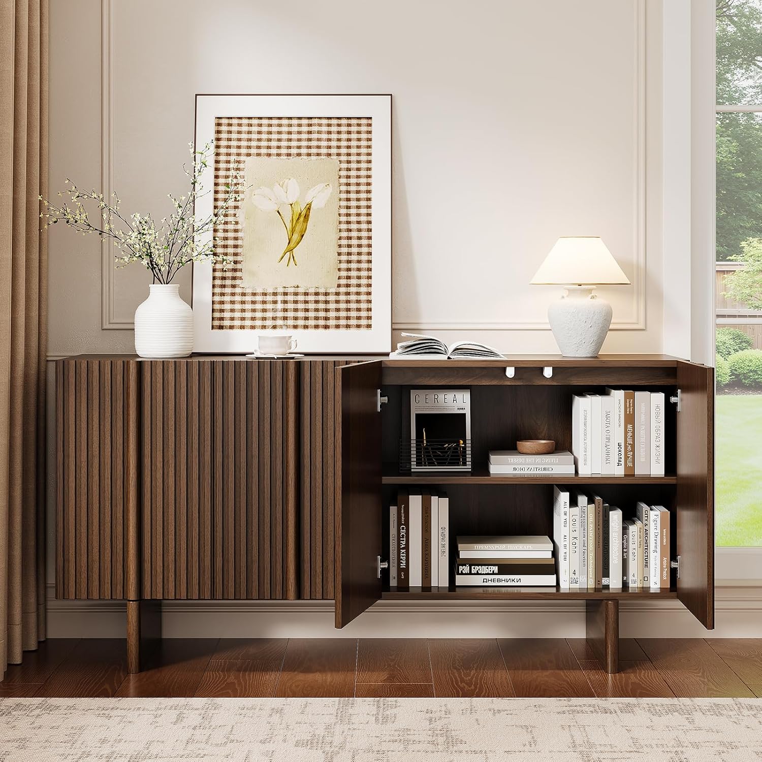 ONBRILL 63" Fluted Sideboard Buffet Cabinet with Storage, Large Sideboard Cabinet with Adjustable Shelves, Modern Credenza with 4 Doors, Kitchen Cabinets for Living Room, Entryway, Black
