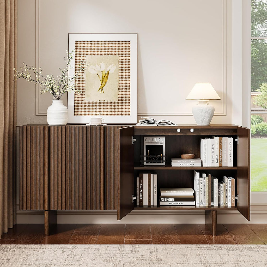 ONBRILL 63" Fluted Sideboard Buffet Cabinet with Storage, Large Sideboard Cabinet with Adjustable Shelves, Modern Credenza with 4 Doors, Kitchen Cabinets for Living Room, Entryway, Black