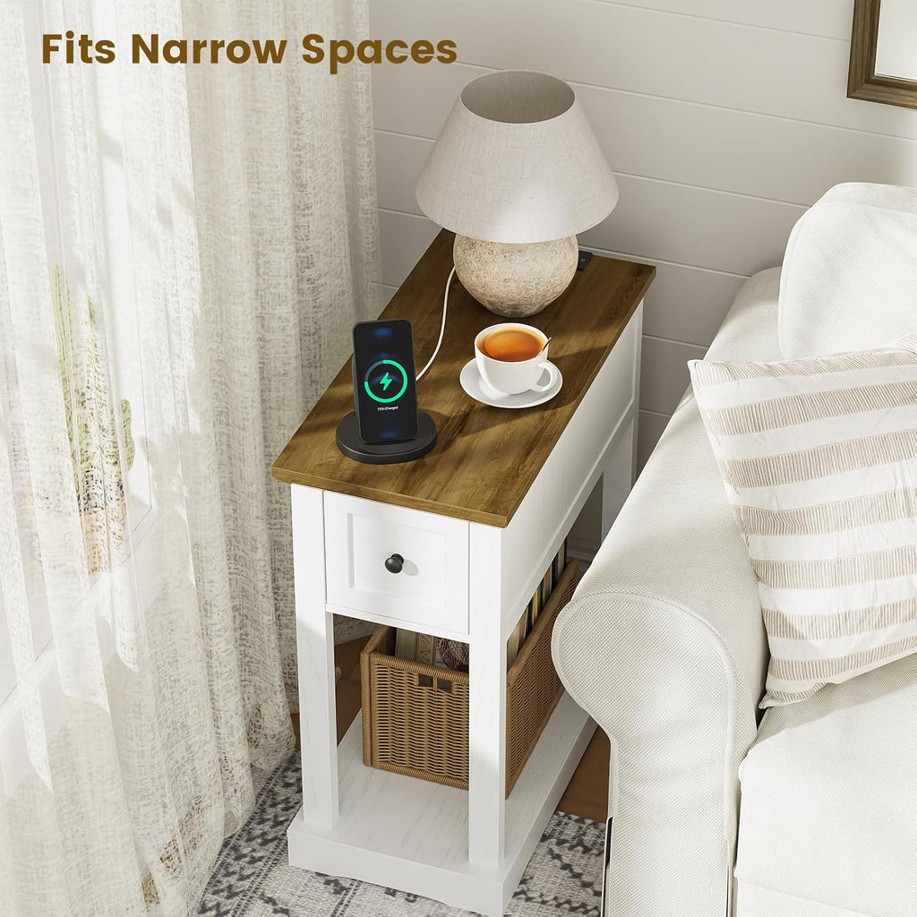 Side Table Set of 2, Side Table with Storage, Farmhouse End Table, Thicken Base, Nightstand with Charging Station, for Living Room, Bedroom, Rustic Brown and White