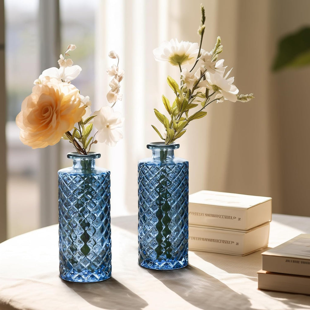 ComSaf Glass Bud Vases Set of 12, Small Diamond Bud Vases in Bulk, Mini Flowers Vases for Centerpieces, Vintage Decor Centerpiece for Table, Wedding Recepetion, Home, Housewarming Gift (Grey Blue)
