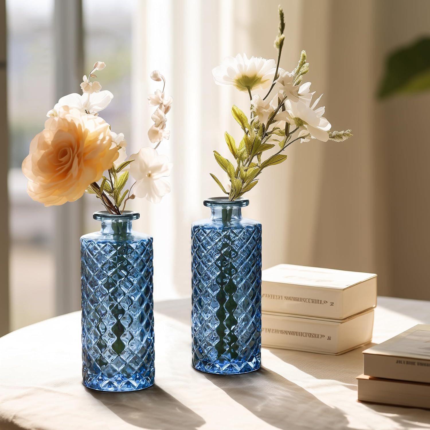 ComSaf Glass Bud Vases Set of 12, Small Diamond Bud Vases in Bulk, Mini Flowers Vases for Centerpieces, Vintage Decor Centerpiece for Table, Wedding Recepetion, Home, Housewarming Gift (Grey Blue)