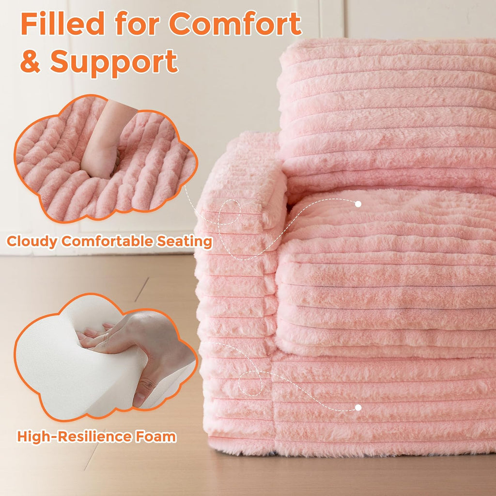 MAXYOYO Kids Bean Bag Chair, Comfy Upholstered Bean Bag Sofa with Filler | Faux Fur Floor Sofa with Pillows and Armrests, Lazy Floor Chair Couch for Boys and Girls, Pink