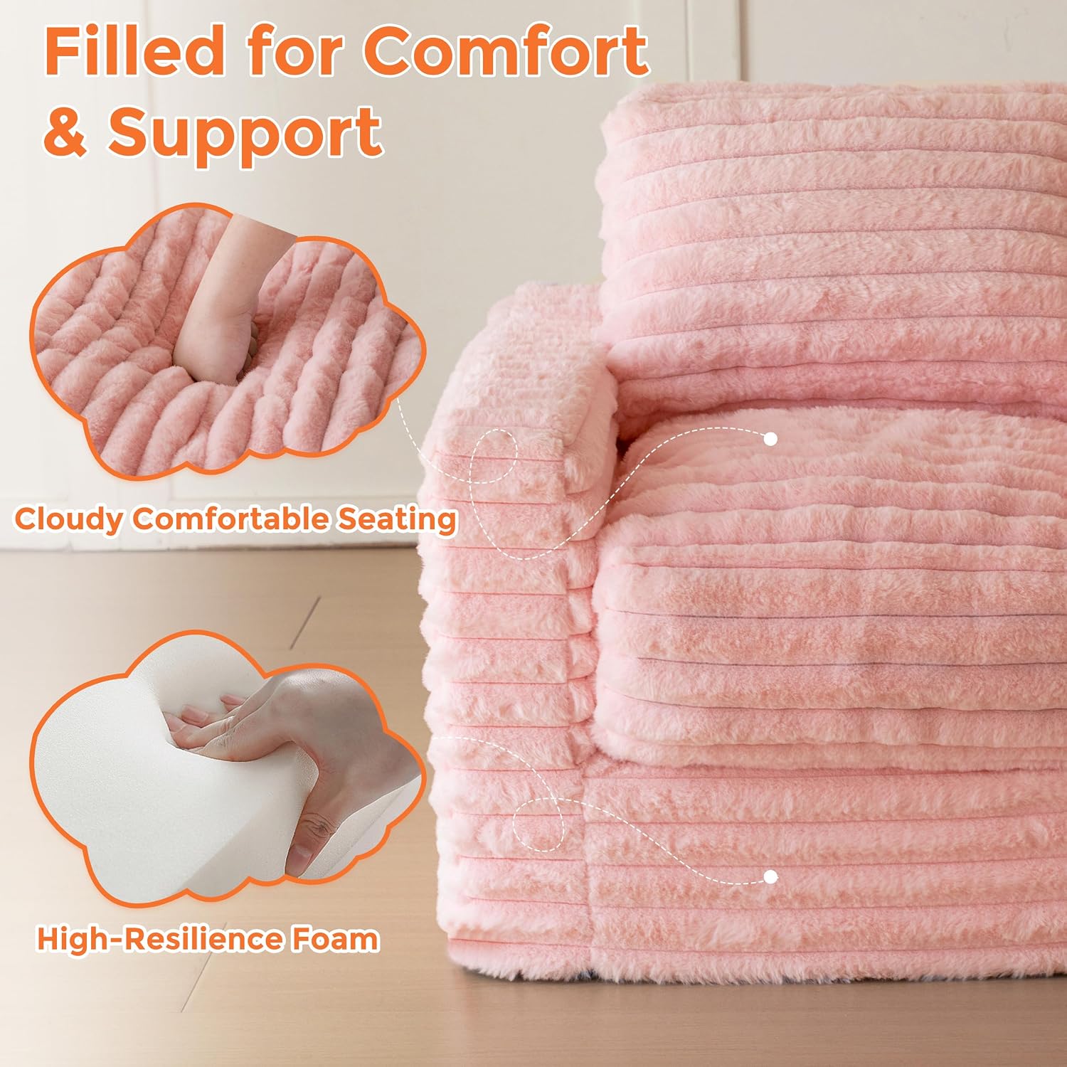 MAXYOYO Kids Bean Bag Chair, Comfy Upholstered Bean Bag Sofa with Filler | Faux Fur Floor Sofa with Pillows and Armrests, Lazy Floor Chair Couch for Boys and Girls, Pink