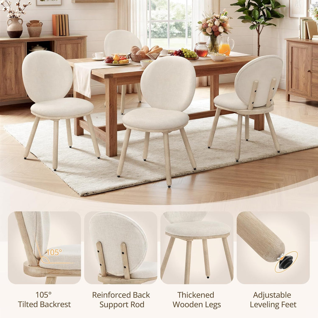 LUE BONA Dining Chairs Set of 4, Upholstered Fabric Kitchen Chairs with Dual-Spine Backrest, Kitchen Chair with Solid Wood Legs and Ergonomic Curved Seat, Easy Assembly for Kitchen Dining Room, Linen