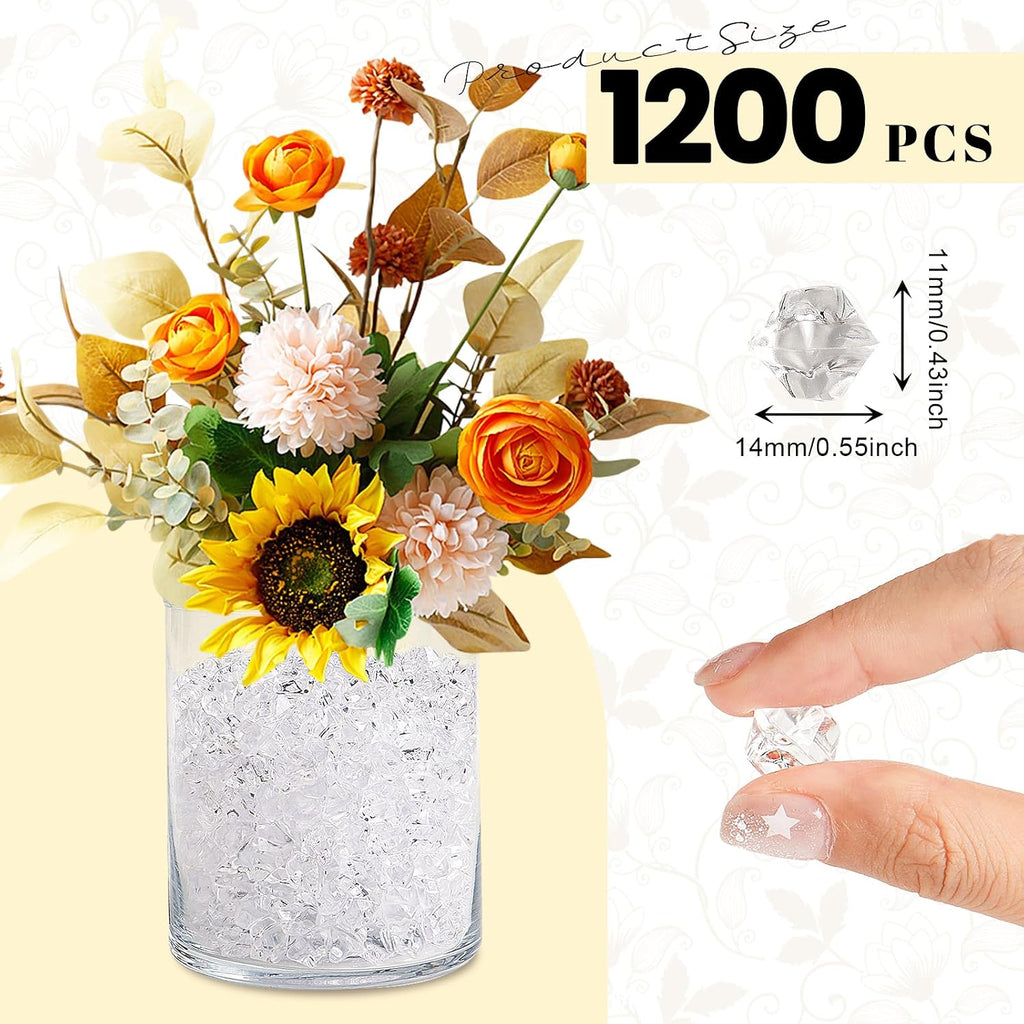 Fake Ice Cubes,1200 Pcs Clear Rocks for Vases,11 * 14 mm Plastic Diamonds,Plastic Ice Cubes Vase Fillers for Centerpieces